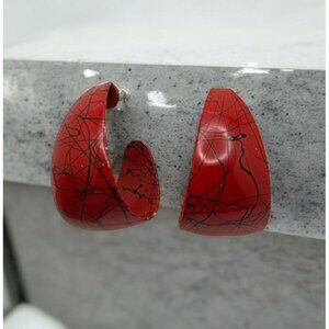 Vintage 80s Red Hoop Earrings Grafitti Abstract Design Chunky Bold